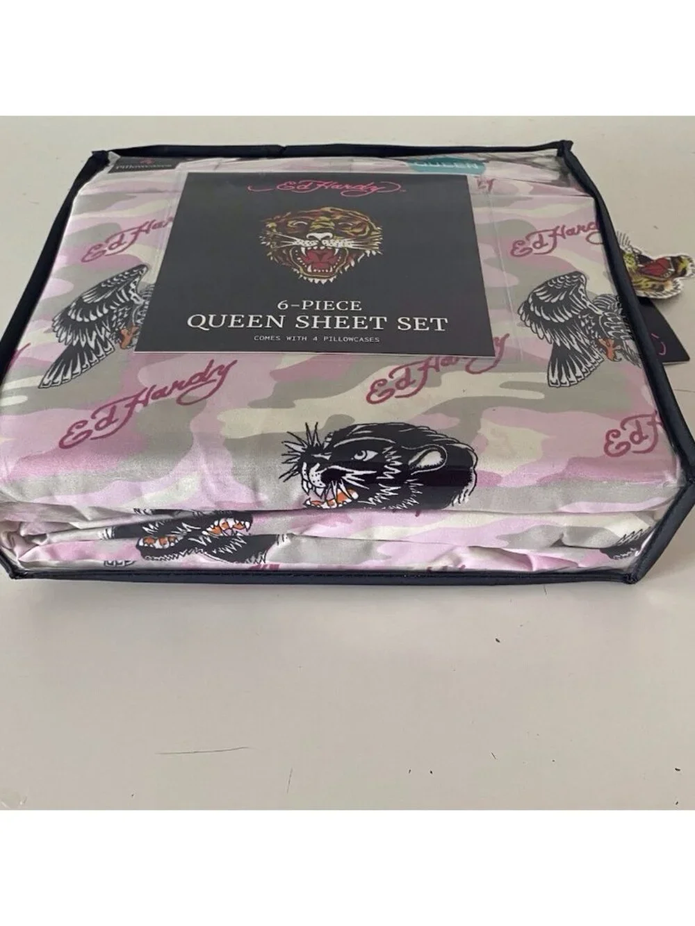 6 Piece Ed Hardy QUEEN Size Sheet Set Pink Grey Camo Eagle Tiger Logo NEW‎